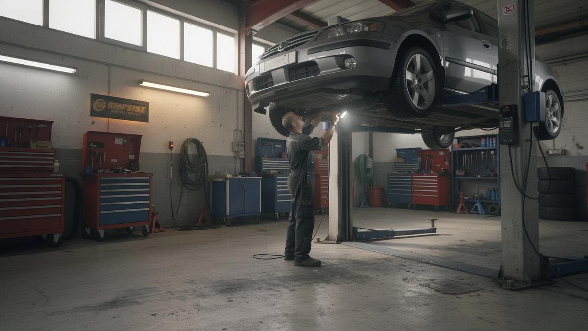 Technician checking a car raised on a lift inside a six-bay service workshop