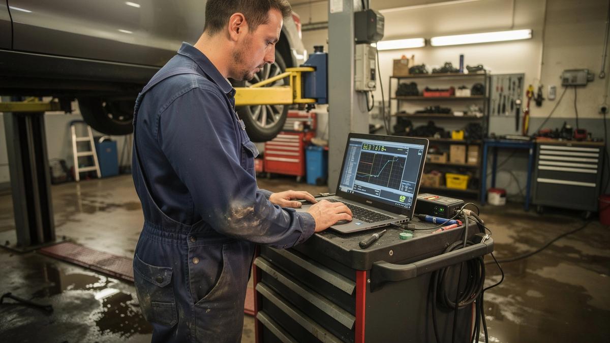 Technician reading live diagnostic data on a laptop next to a car raised on a workshop lift